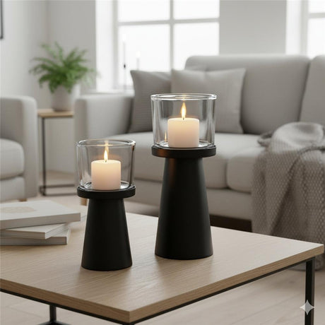 BOLTZE Windlicht Pius 2er Set Metall Glas schwarz rund modern skandinavisch