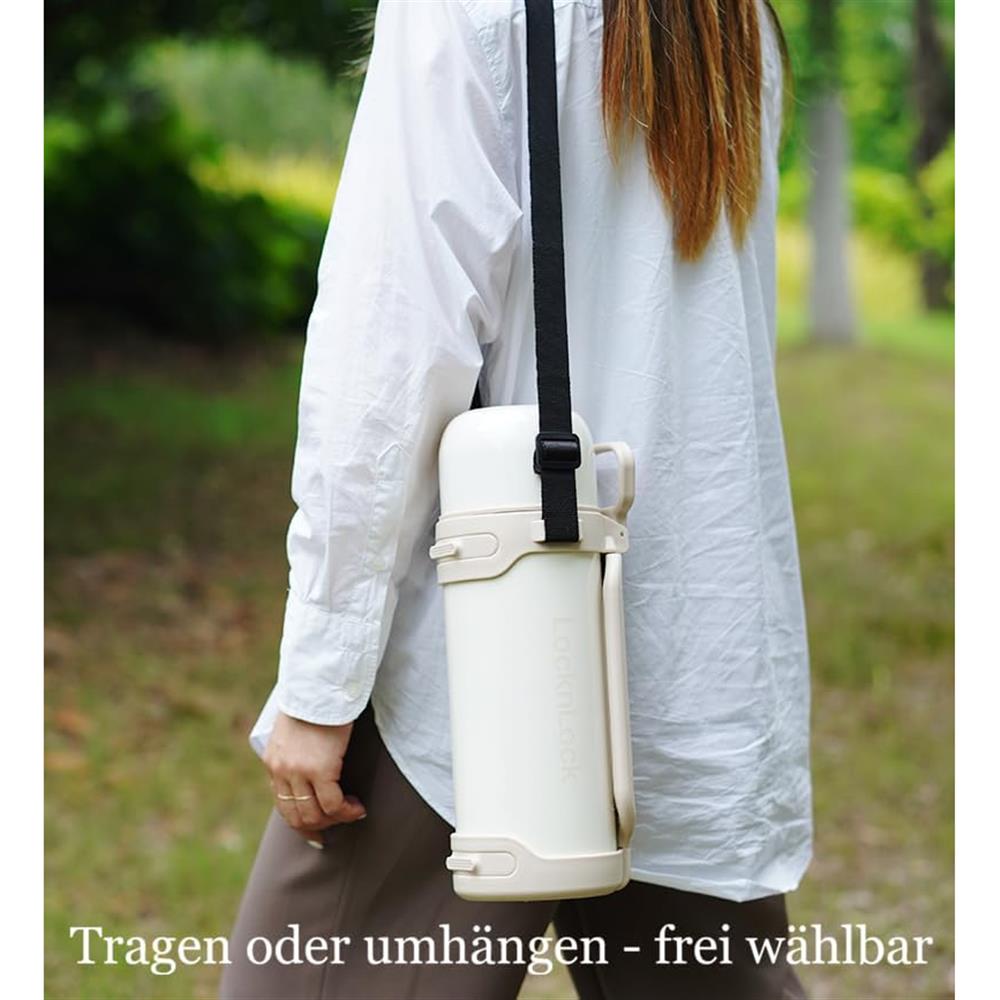 LocknLock Thermoskanne 1,8 L Creme, Becher, Edelstahl, Tragegurt, Auslaufsicher