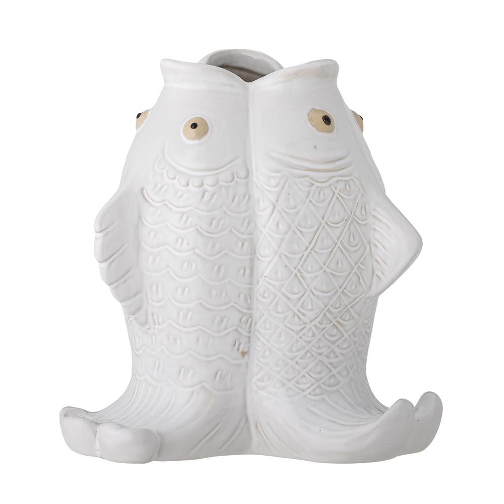 Bloomingville Fili Vase aus Steingut in Weiß mit Fischmotiv, dekorative Designvase im maritimen Stil