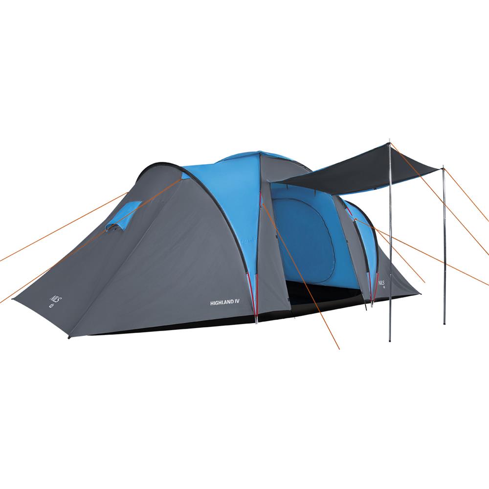 NILS CAMP Highland IV Zelt für 4 Personen Grau-Blau - großes Familienzelt mit Vorraum für Camping & Outdoor