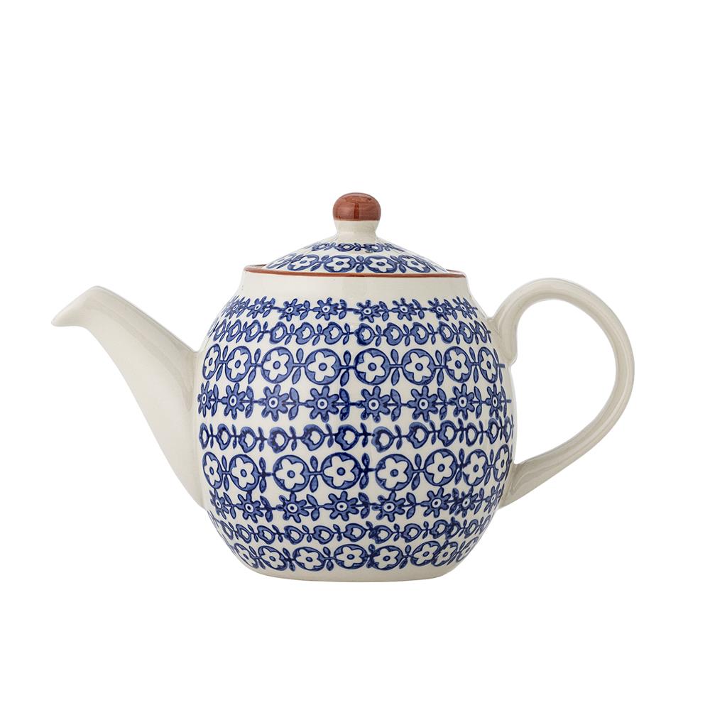 Bloomingville Karine Teekanne blau - Steingut Teekanne mit Blumenmuster für Küche & Tischdeko
