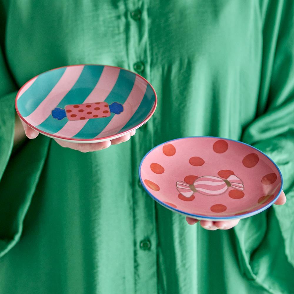 Bloomingville Caramella Weihnachtsteller, Steingut 2er Set mit Bonbon-Motiv