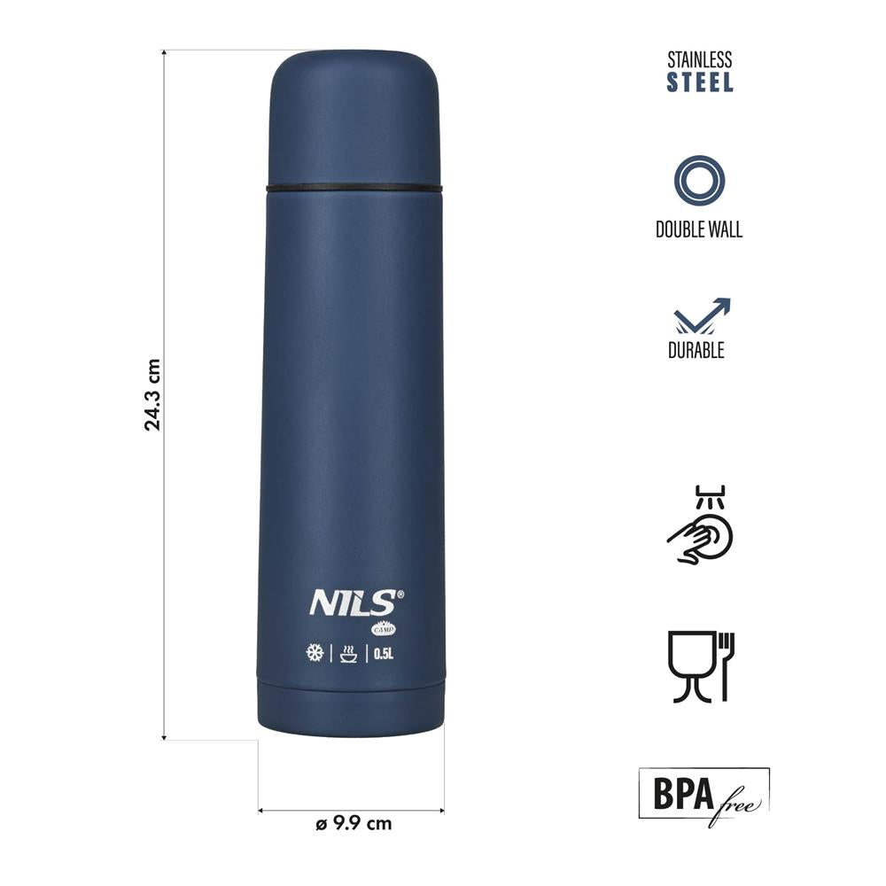 NILS CAMP Thermoskanne 0,5L Edelstahl blau isoliert für Camping Reisen Alltag