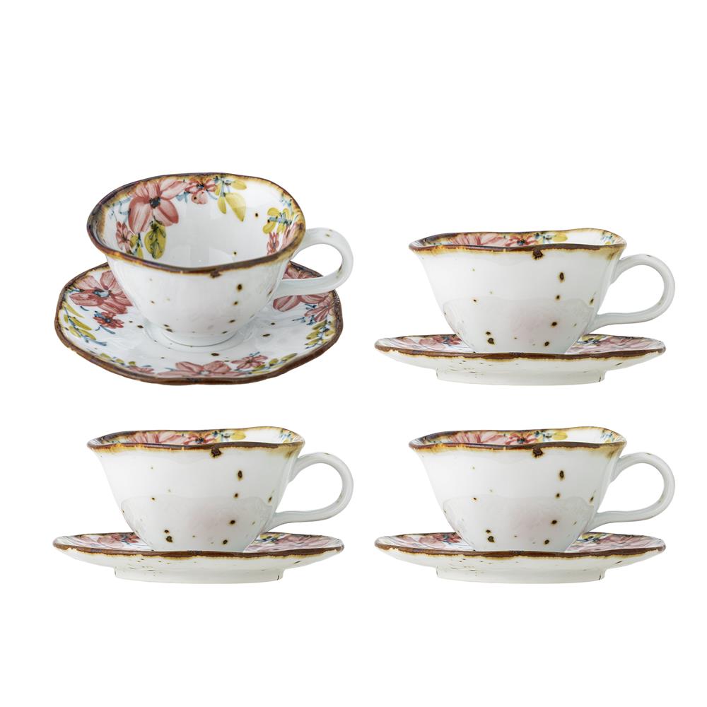 Bloomingville Savina Tasse 4er Set 219 ml bunt - Steingut Tassen mit Untertasse Blumenmuster