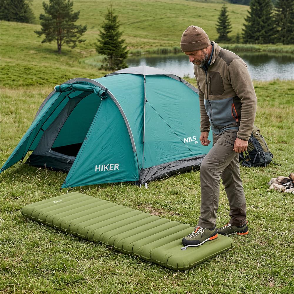 NILS CAMP Campingmatte mit Pumpe 190 cm grün Isomatte aufblasbar Outdoor