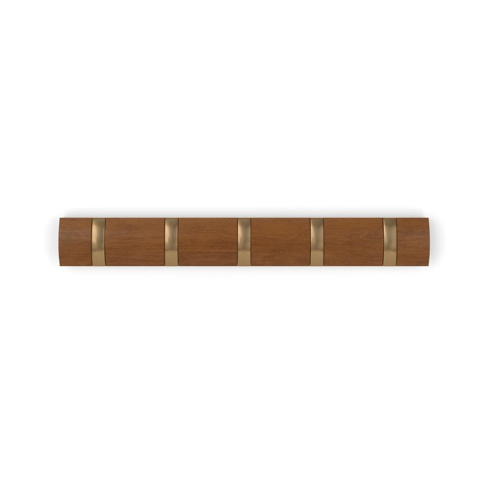 Umbra Flip Wandgarderobe, Garderobenleiste in Walnuss Hell, mit 5 beweglichen Haken in Warmes Gold