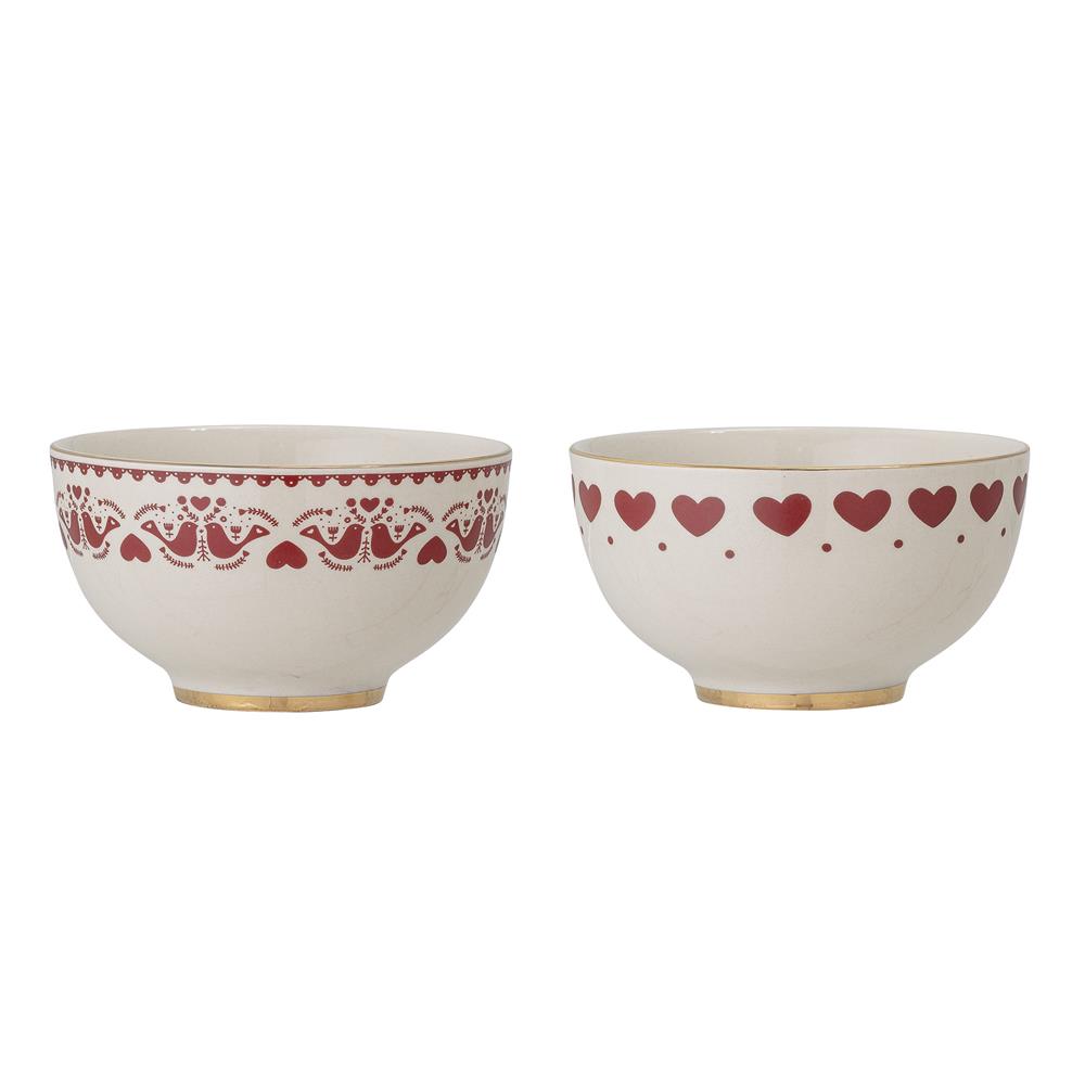 Bloomingville Jolly Schale 2er Set – Steingut Schüsseln mit roten Herzen, Ø14 cm, dänisches Design