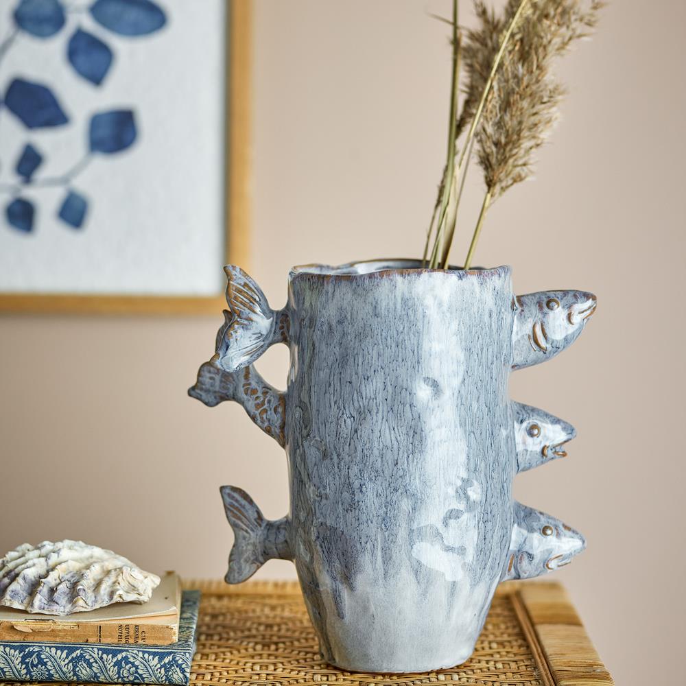 Bloomingville Tace Vase blau Steingut Fisch Design Deko Vase Wohnzimmer Tischdeko