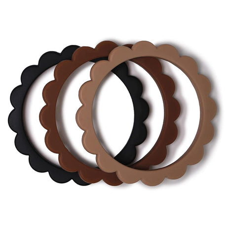 Mushie Beißring Blumen 3er Set, Black/Natural/Caramel, Armband aus Silikon, BPA-frei