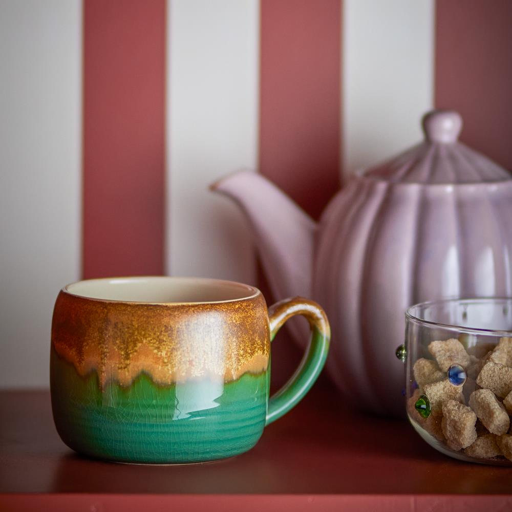 Bloomingville Sheen Tasse aus Steingut in Grün 400 ml – 4er Set Tassen für Küche & Tischdeko