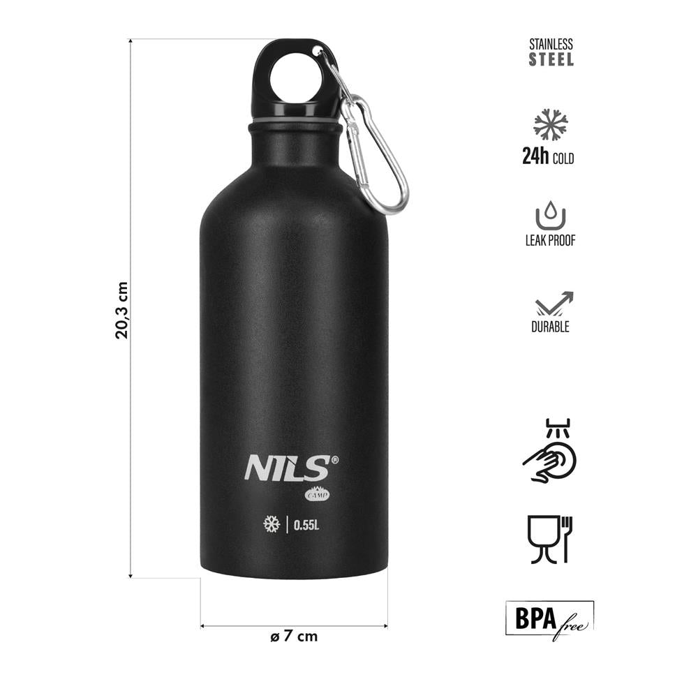 NILS CAMP Trinkflasche Edelstahl 550 ml schwarz isoliert für Outdoor Camping Reisen