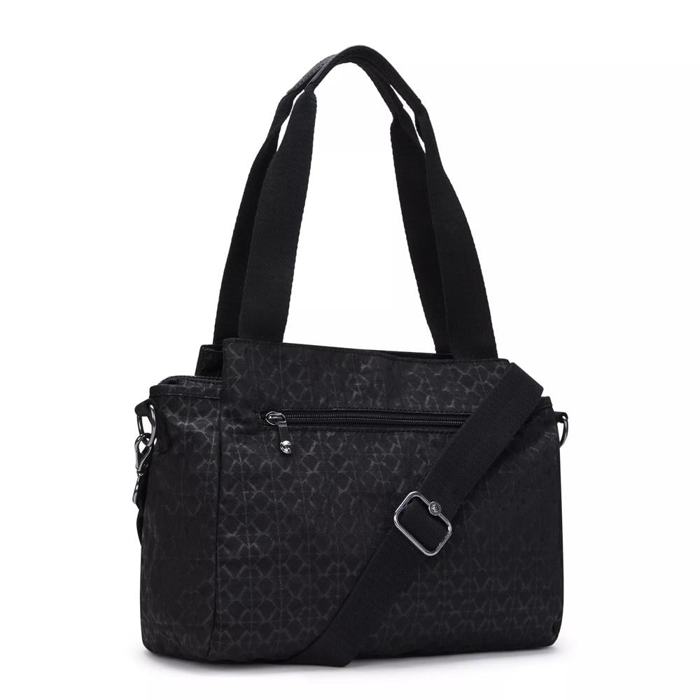 Kipling ELYSIA, mittelgroße Schultertasche, Signature Emb (schwarz), Umhängetasche mit vielen Fächern