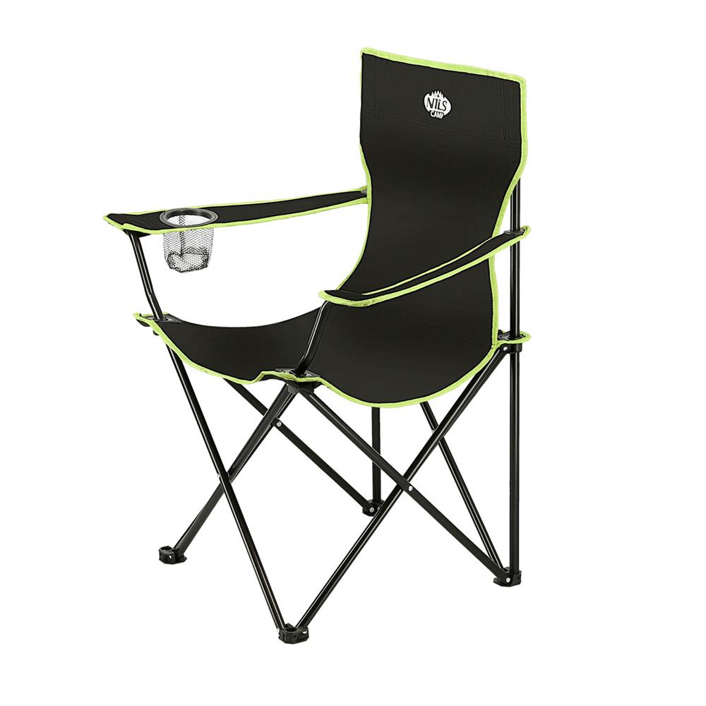 NILS CAMP Campingstuhl Schwarz-Limettengrün - klappbarer Klappstuhl mit Becherhalter für Camping & Garten