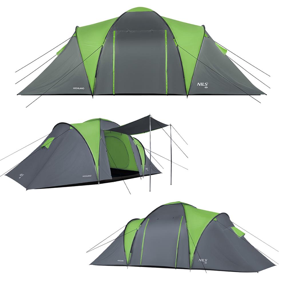 NILS CAMP Highland Zelt für 6 Personen Grau-Grün - großes Familienzelt mit Vorraum für Camping & Outdoor