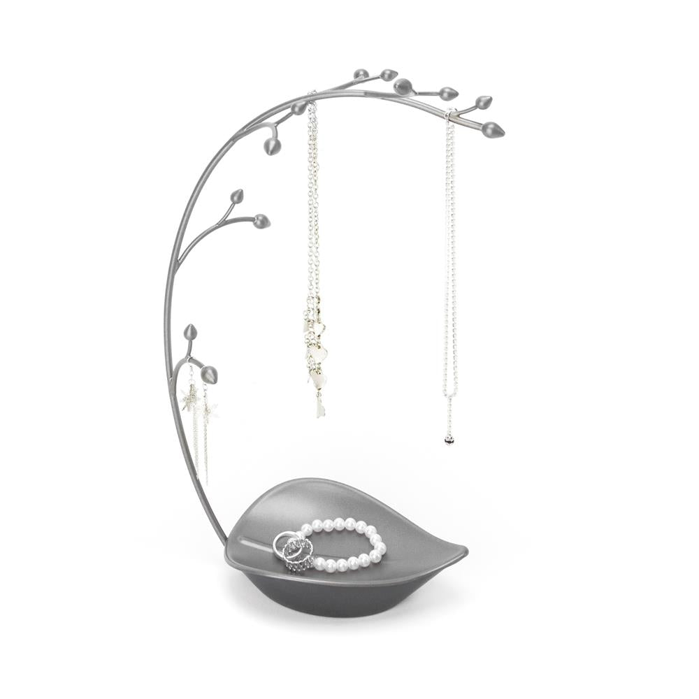 Umbra Orchid Schmuckständer Schmuckbaum für Ketten Grau mit integrierter Schmuckablage für Ringe Ohrringe Armbänder Uhren und Accessoires Metall