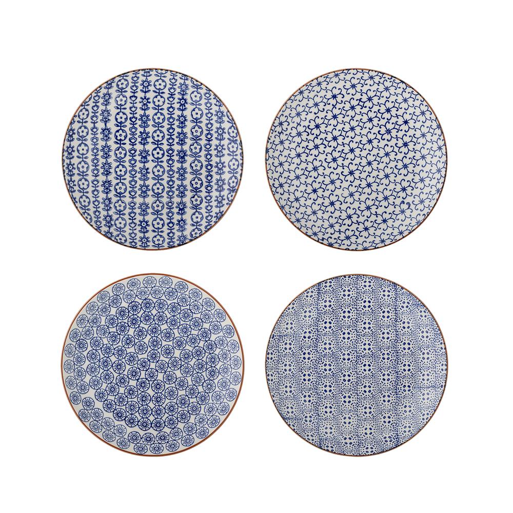Bloomingville Karine Teller 4er Set 20 cm Steingut blau Muster