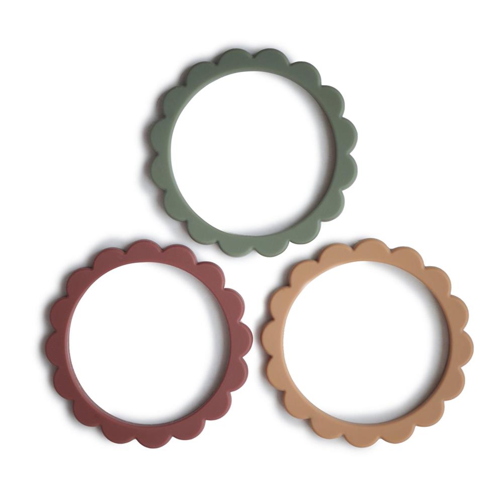 Mushie Beißring Blumen 3er Set, Dried Thyme/Berry/Natural, Armband aus Silikon, BPA-frei